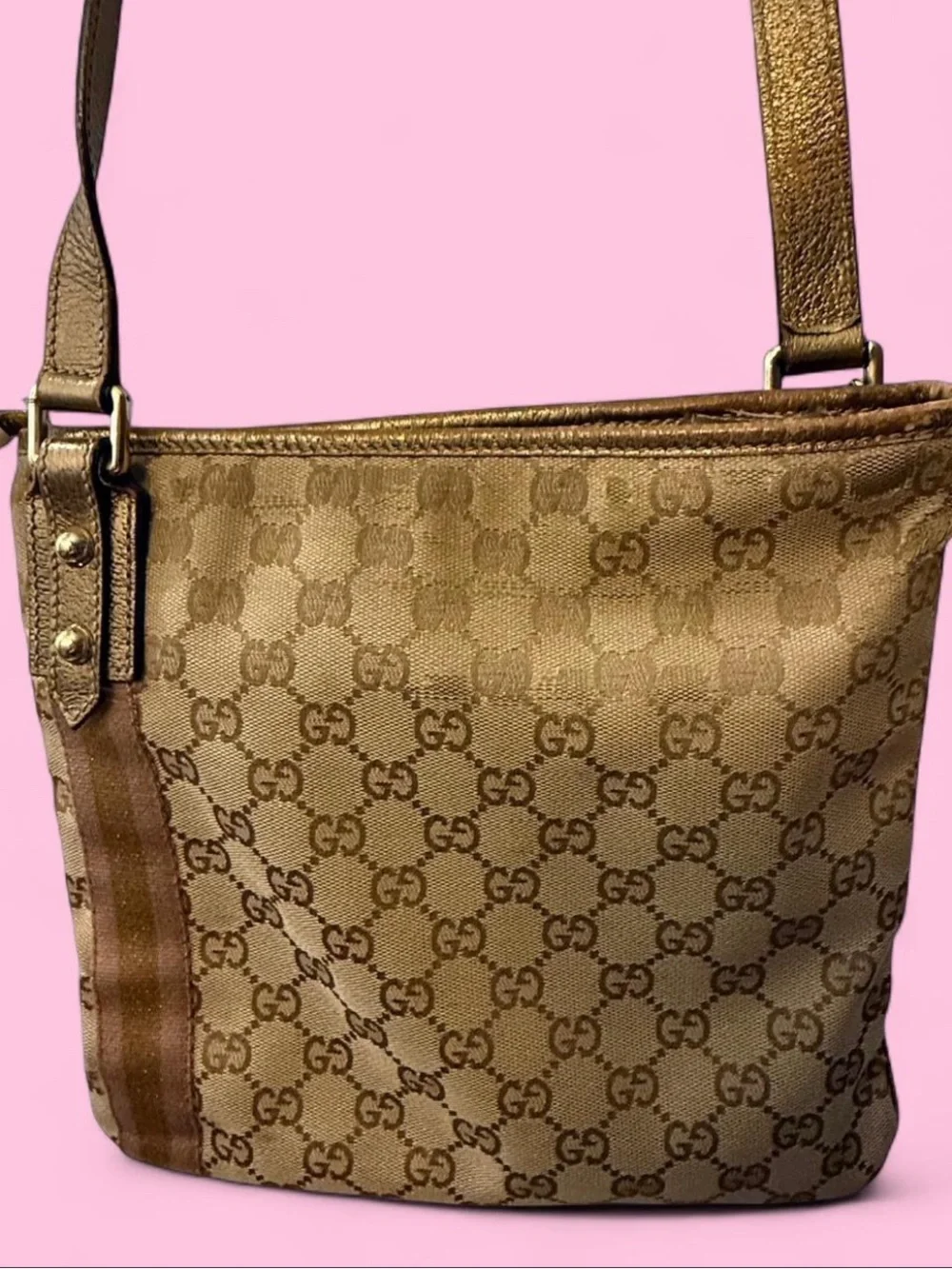 Gucci Tan and Rose Gold Monogram Crossbody Bag